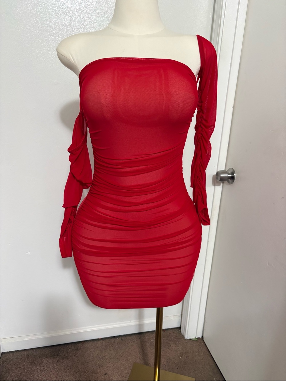 Red One-Shoulder Ruched Bodycon Mini Dress NWOT